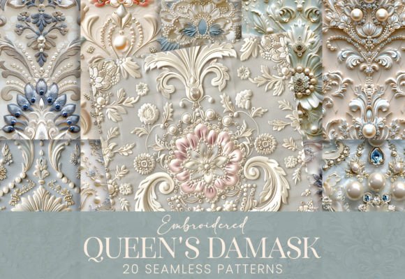 Elegant Pearls Crystals French Damask Embroidery